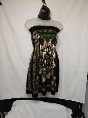 Green Strapless Floral Smocked Dress